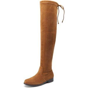 Women's Tan-suede Thigh High Low Block Heel Casual Fashion Over the Knee Boots